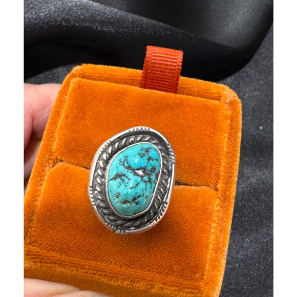 Vtg Turquoise Sterling Silver Ring Womens Rope Braid Sz 8.5 9 Native American - Picture 1 of 6